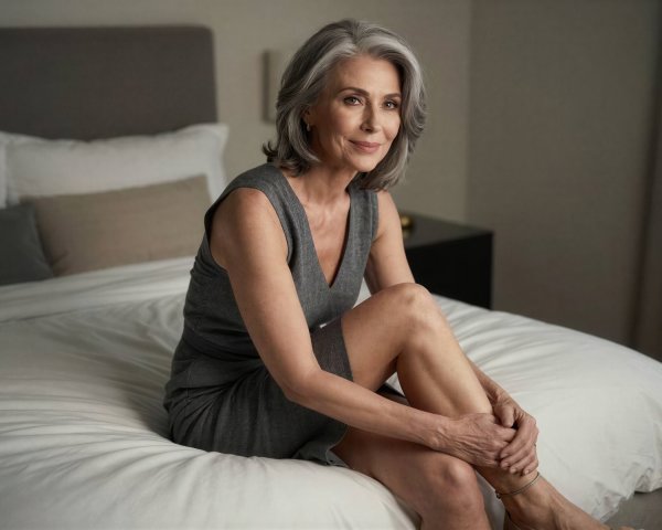 an older woman sitting on a bed in a dimly lit room