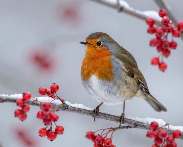 Fluffy Orange and Brown Robin on Snowy Branch with Berries
