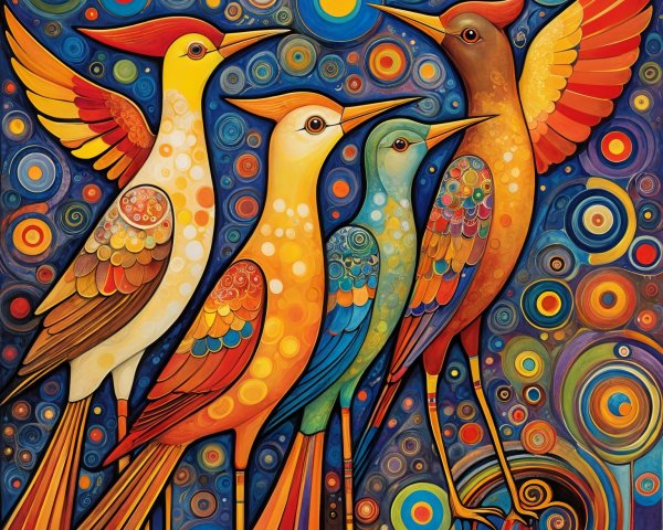 Vibrant Abstract Artwork of Five Stylized Birds