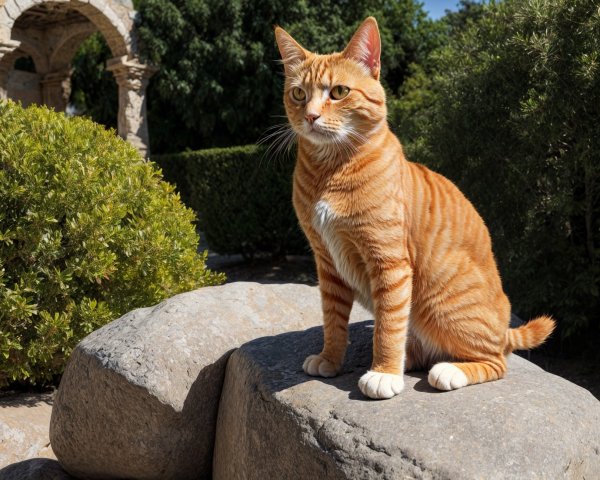 Orange Tabby Cat on Stone in Lush Garden Setting