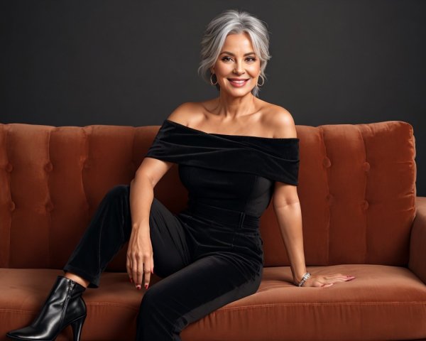 Elegant Woman with Silver Hair on Burnt Orange Sofa