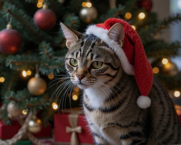 Tabby Cat in Santa Hat by Decorated Christmas Tree