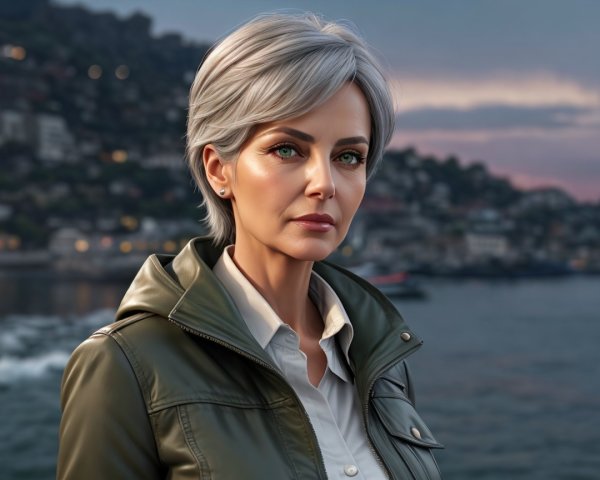 Woman with Silver Hair by Water at Twilight
