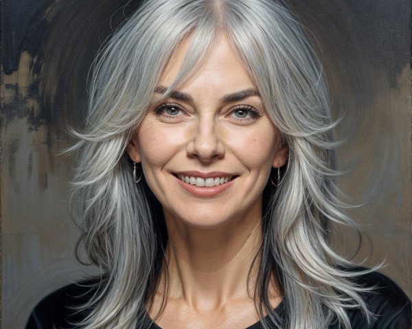 Smiling Woman with Silver Hair and Elegant Earrings