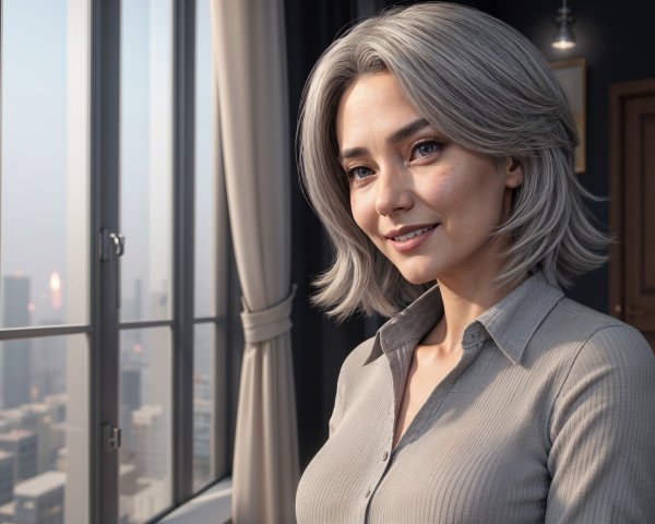 Woman with silver-blonde hair in stylish interior setting