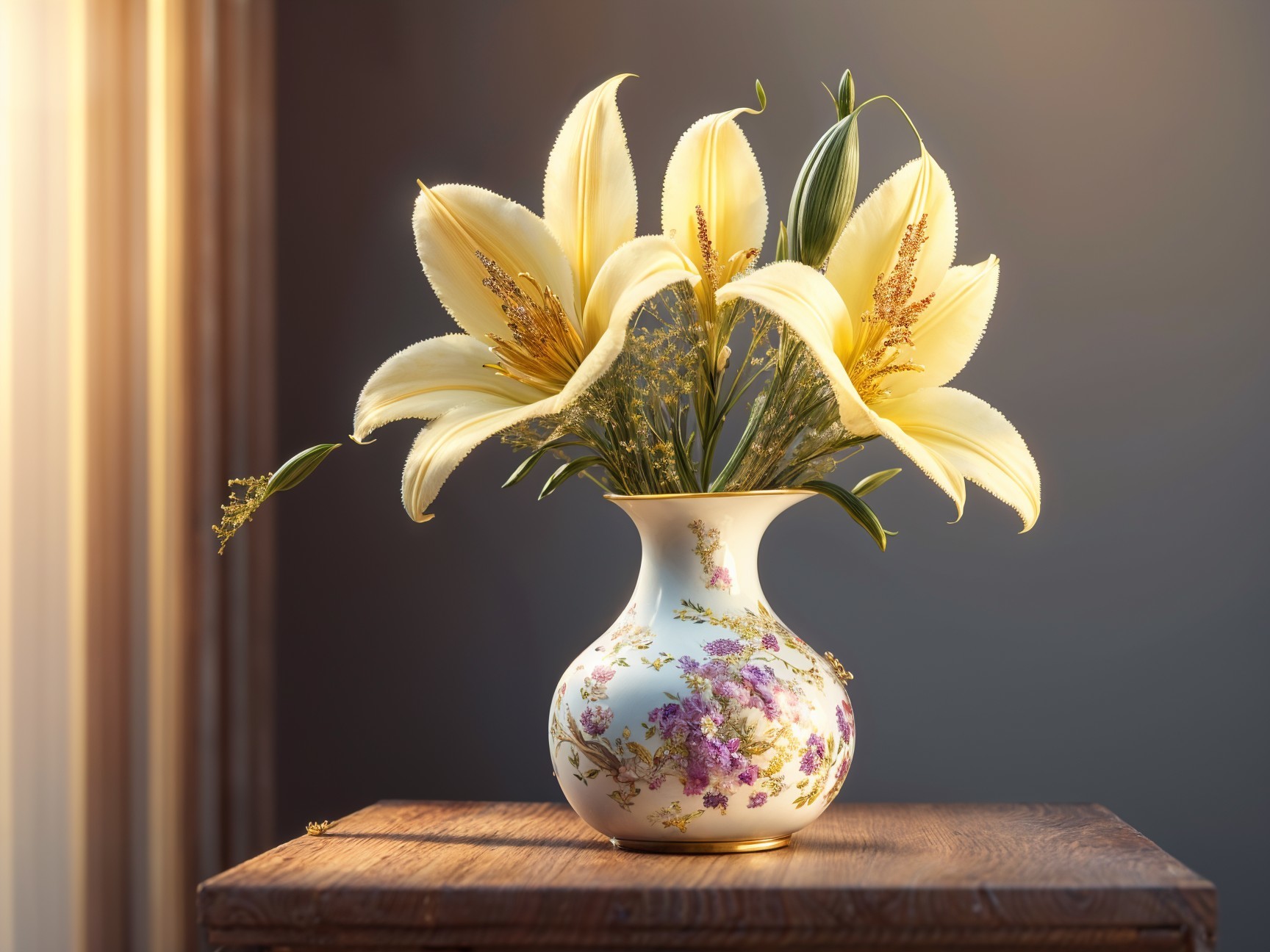 Porcelain vase with yellow lilies in soft sunlight