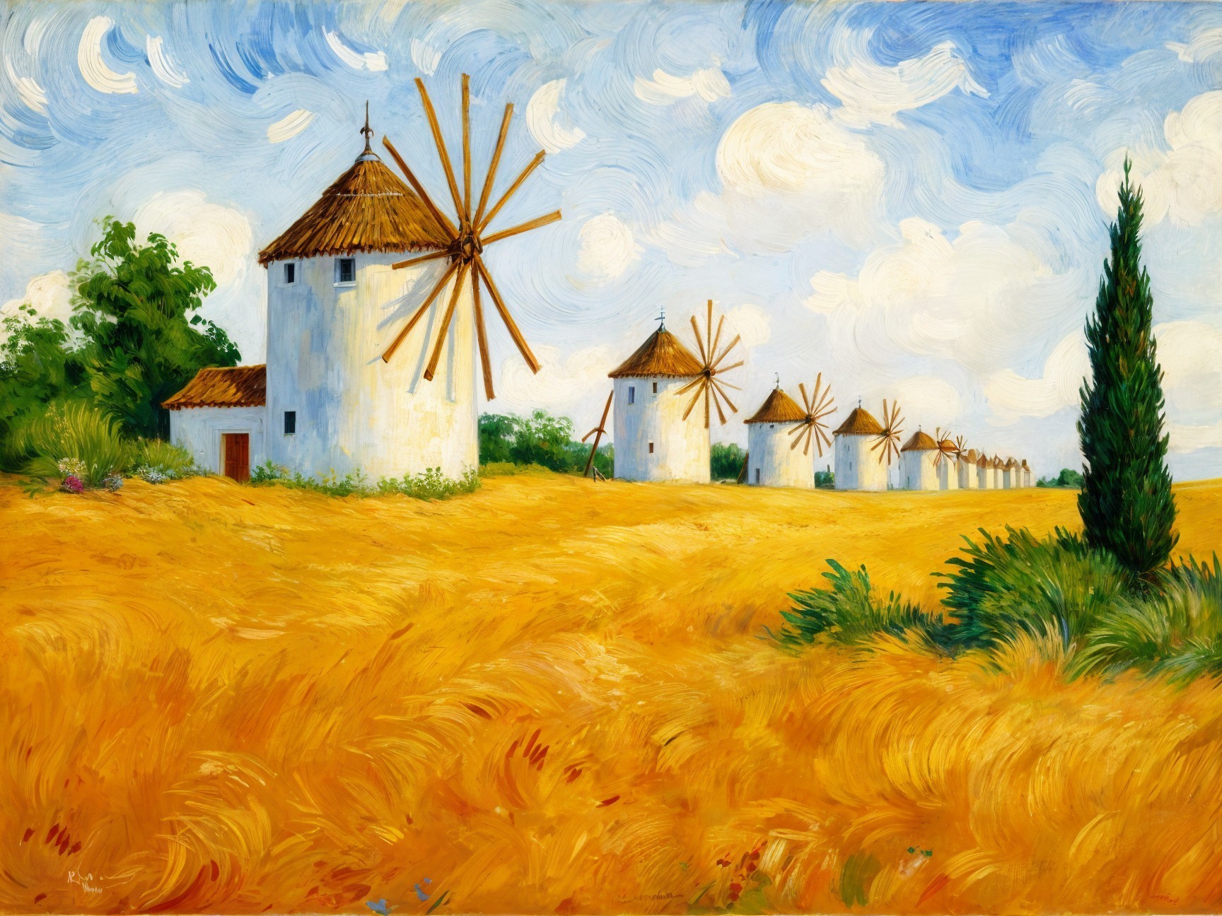 Vibrant Landscape with Windmills and Wheat Fields