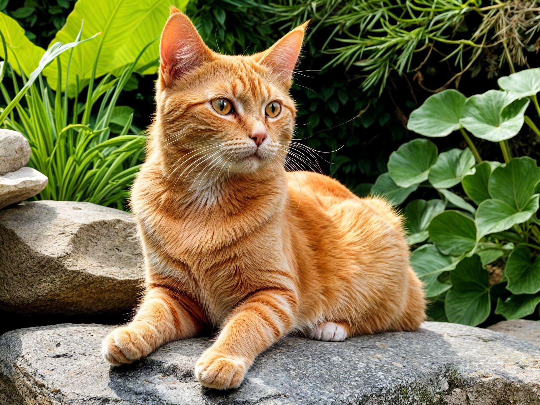Fluffy Orange Cat Relaxing Among Lush Greenery