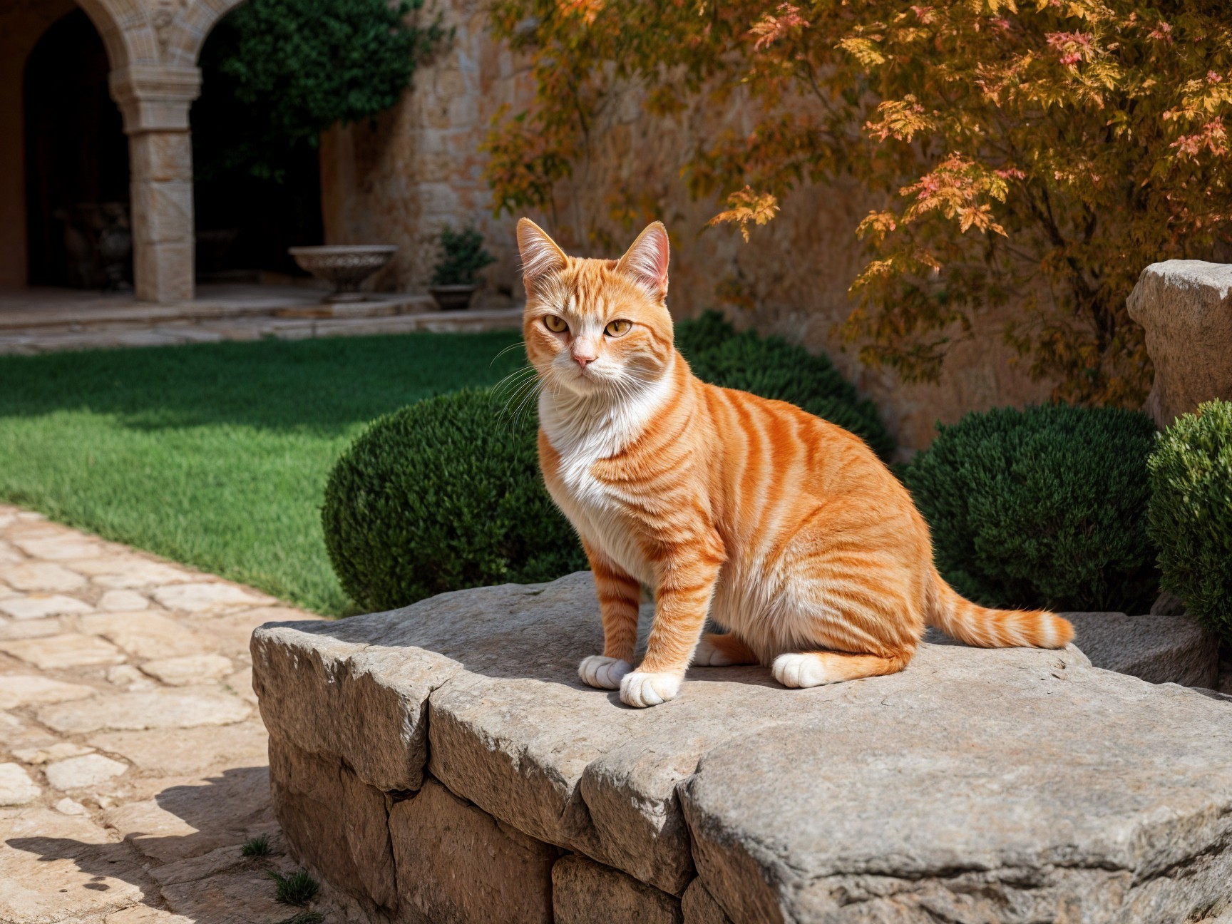 Orange Tabby Cat on Stone Ledge in Autumn Garden