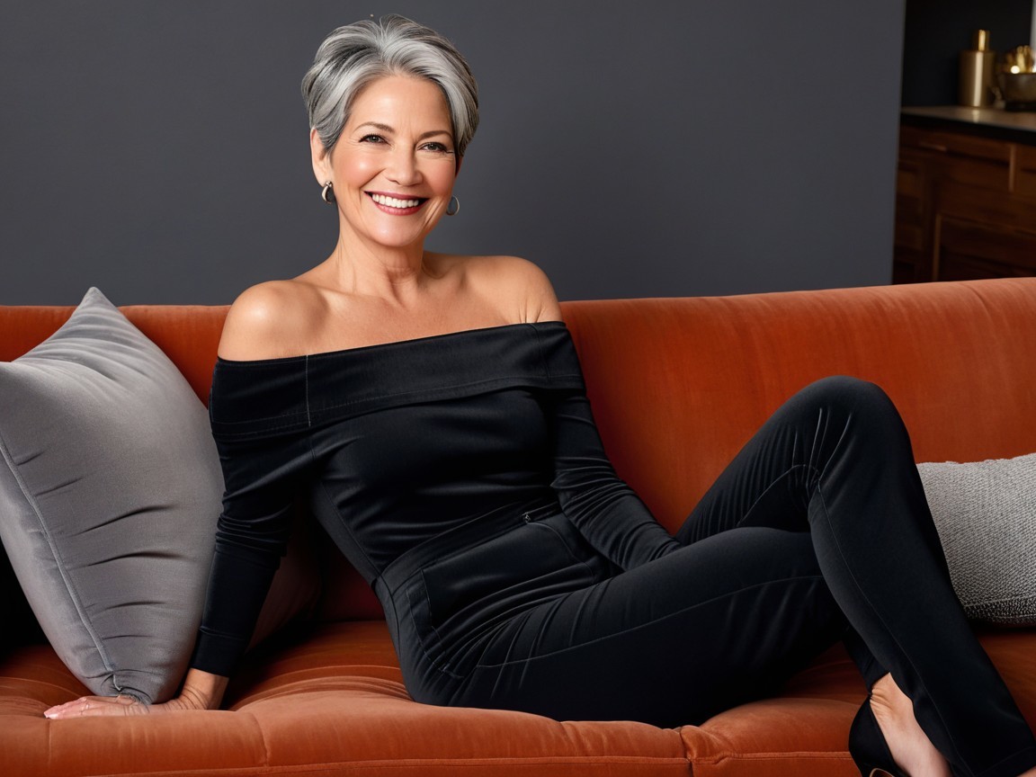 Stylish Older Woman on a Rust-Colored Couch