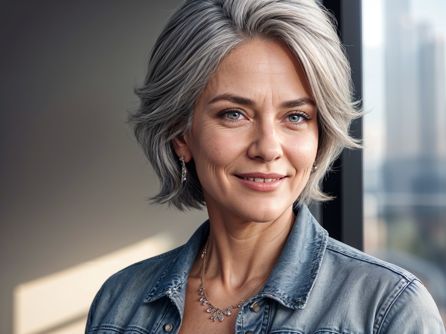 Smiling Woman in Denim Shirt in Modern Room
