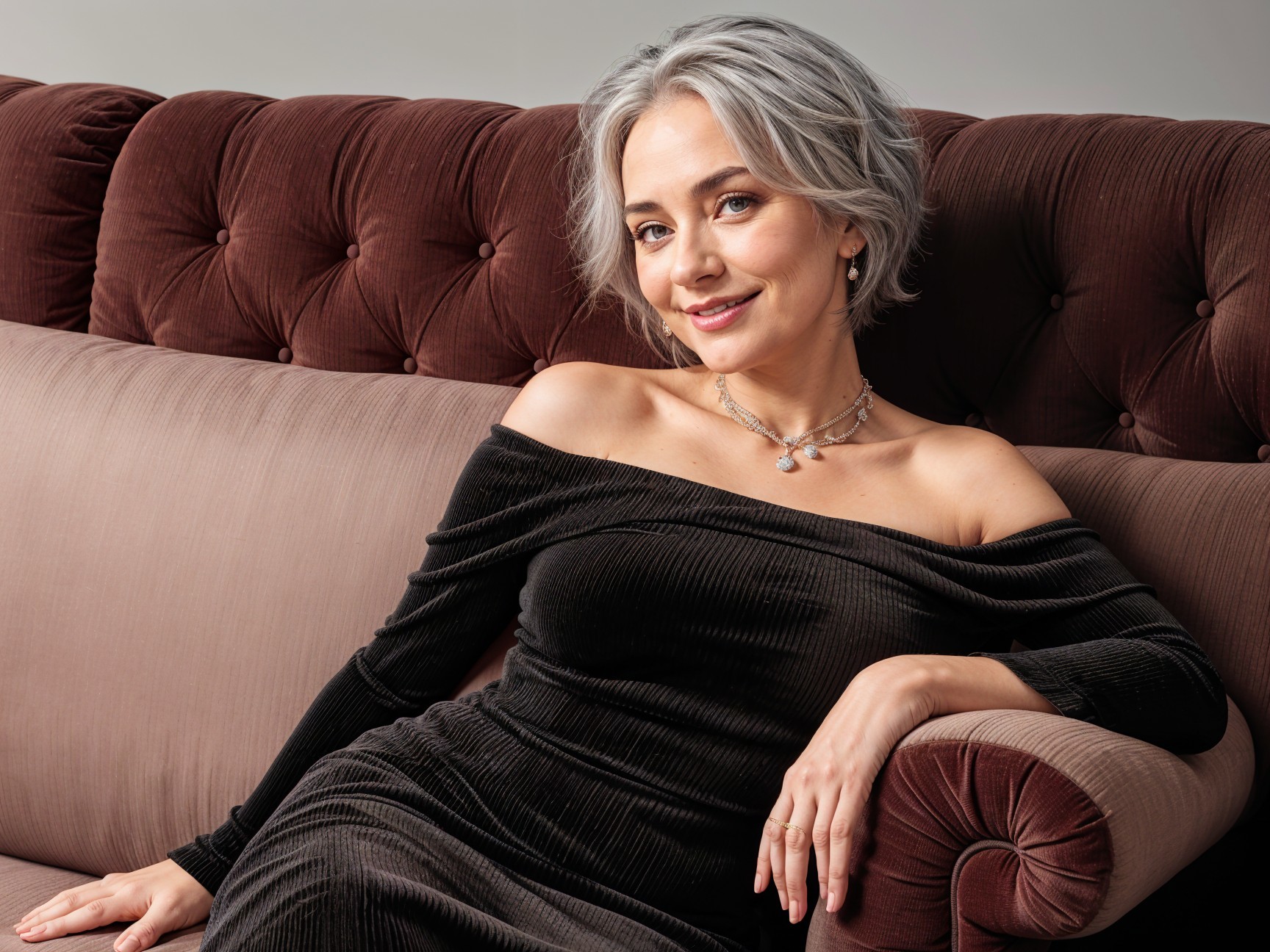 Elegant woman with silver hair on burgundy sofa