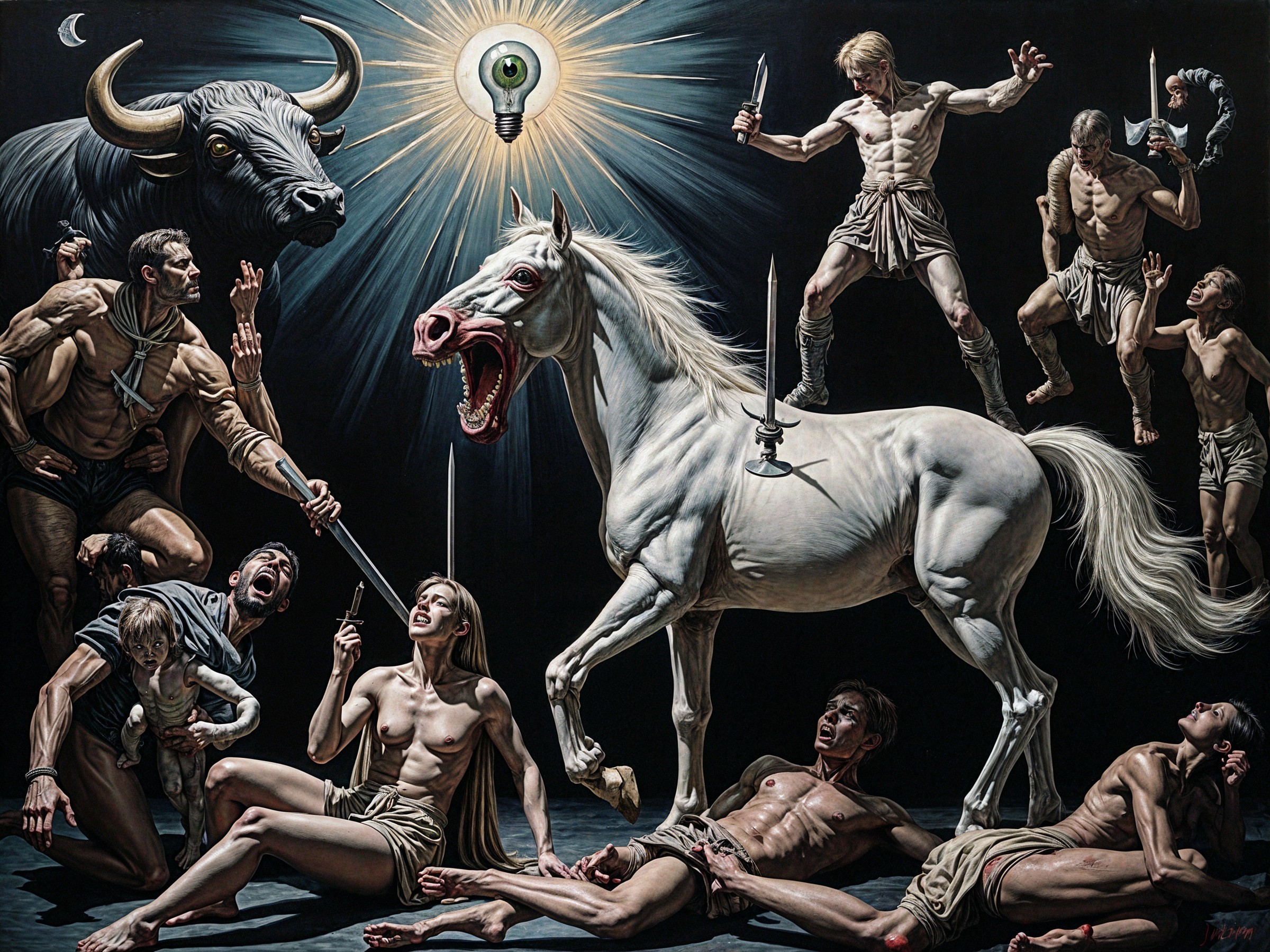 Surreal Artwork with Mythological Elements and Chaos