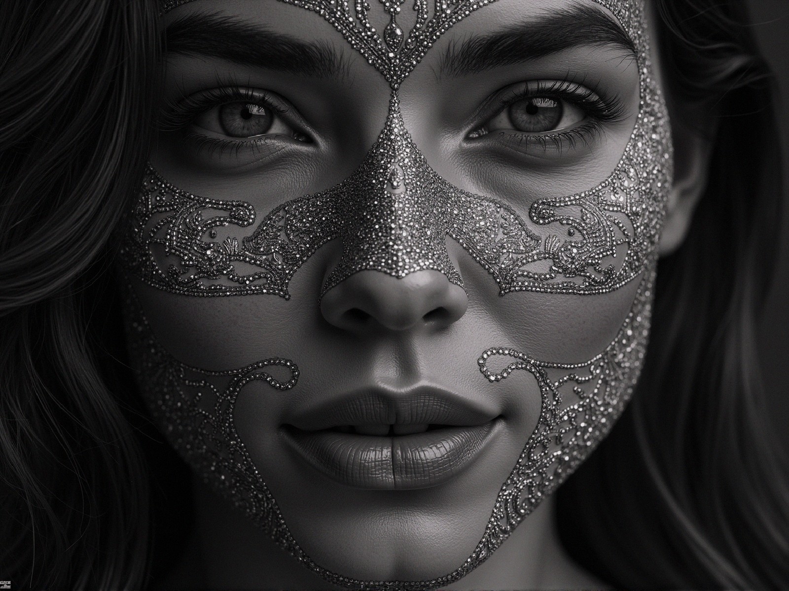 Black-and-white portrait of a woman with silver adornments