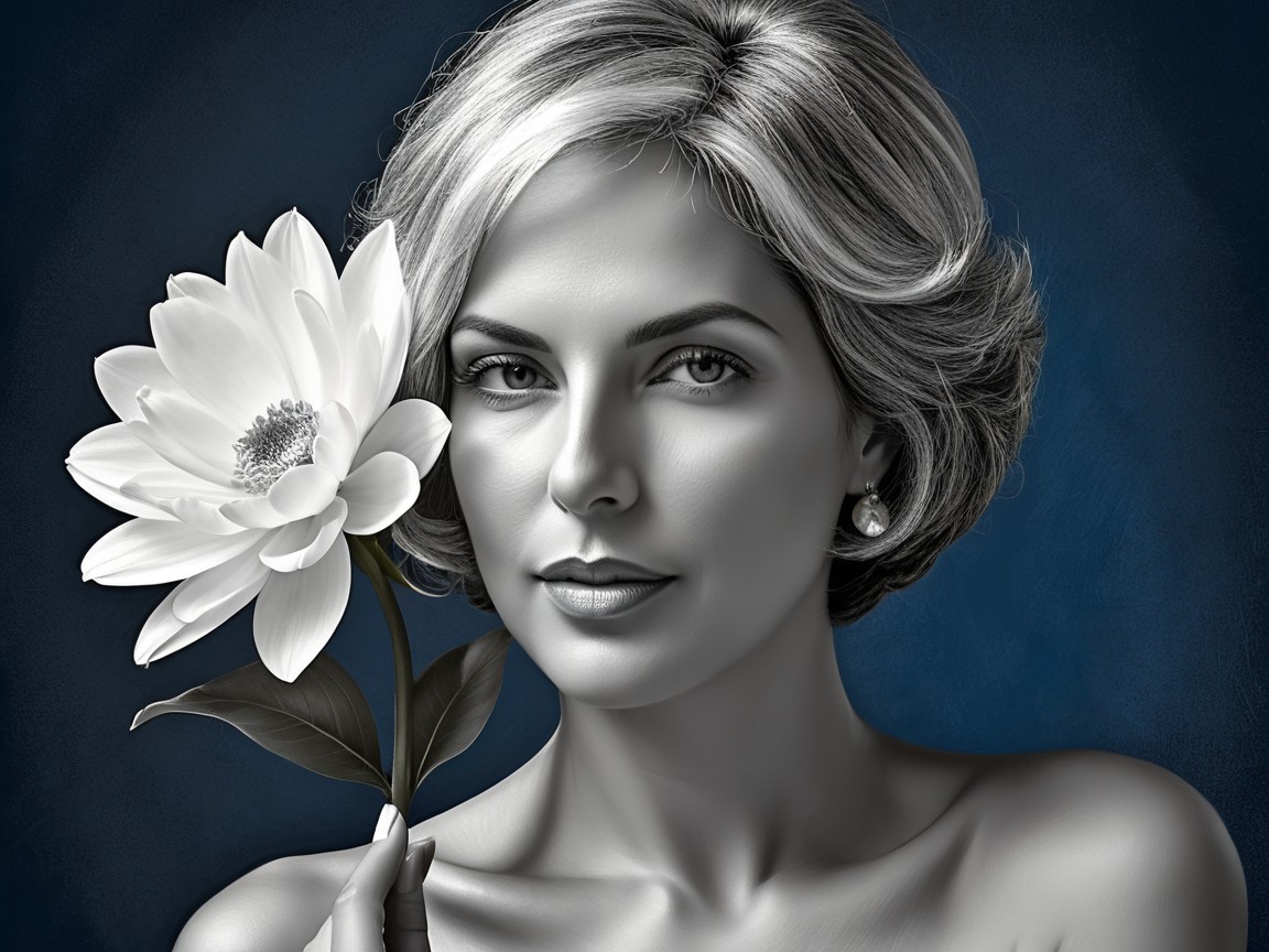 Black-and-white portrait of a woman with flower