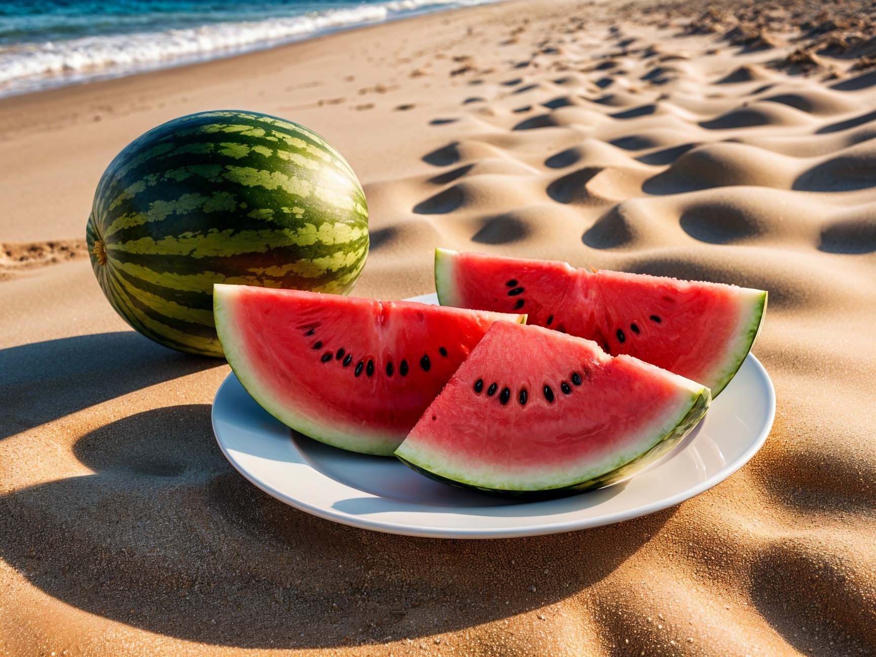 Summer Beach Scene with Watermelon and Waves