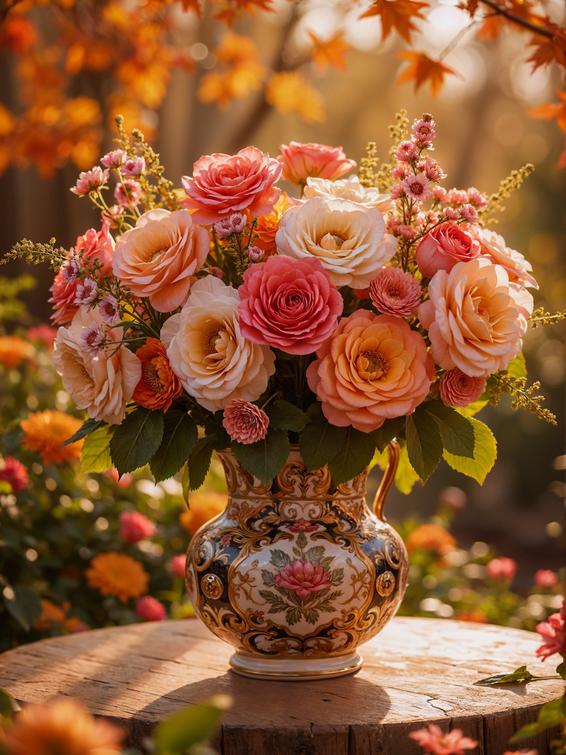 Bouquet of Pink and Cream Roses in Ornate Vase