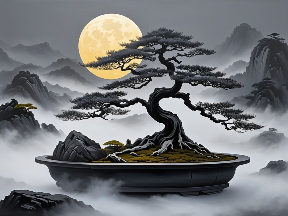 Twisted Bonsai Tree in Misty Mountain Landscape