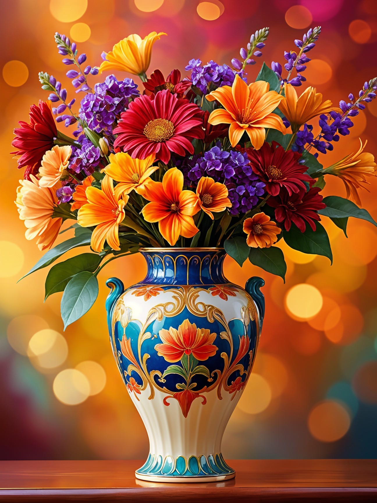 Vibrant Flower Bouquet in Ornate Vase with Warm Background