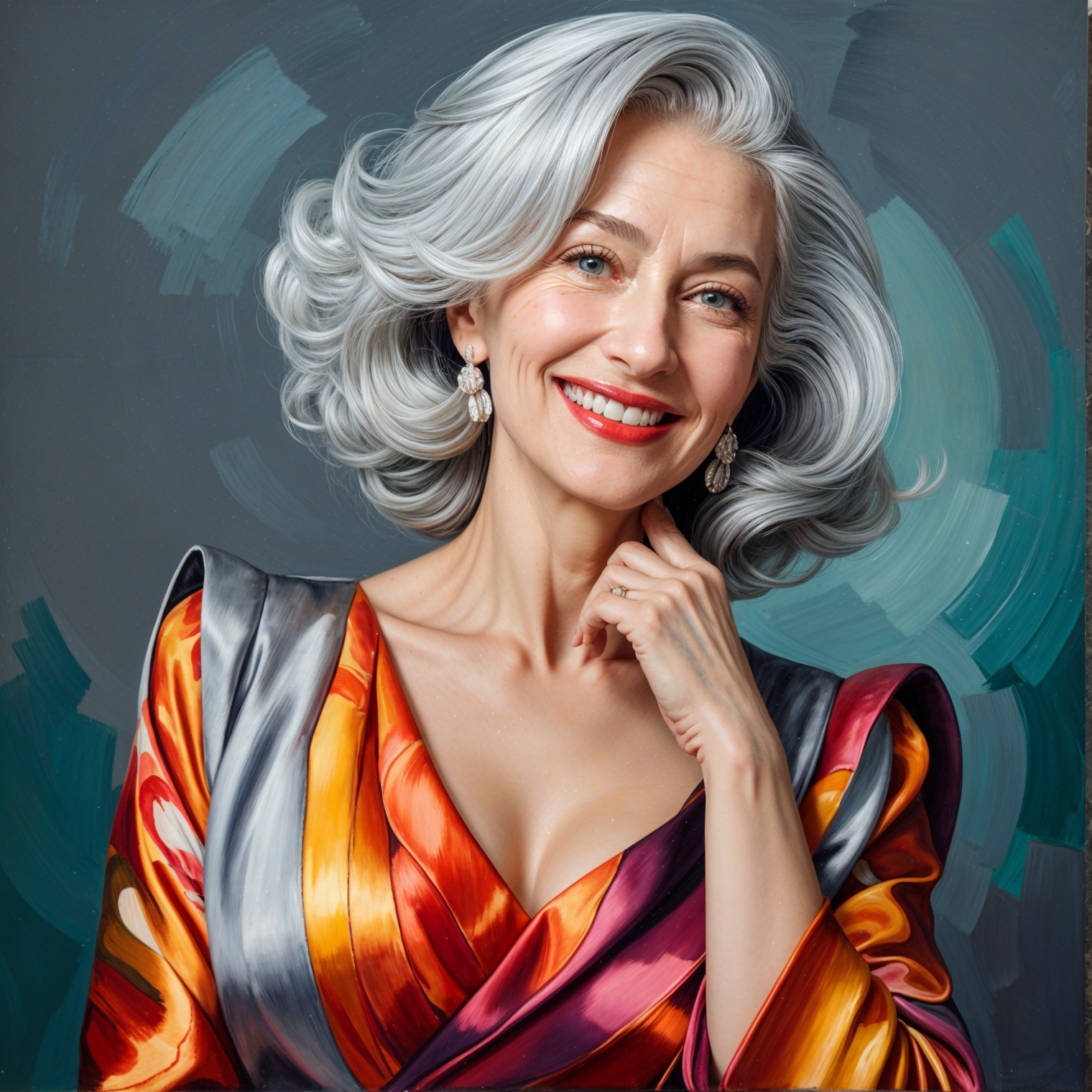 Elegant Woman with Silver Hair in Vibrant Dress