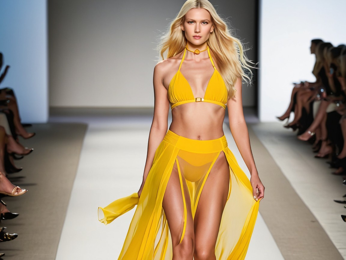 Model in Yellow Bikini and Sheer Skirt on Runway