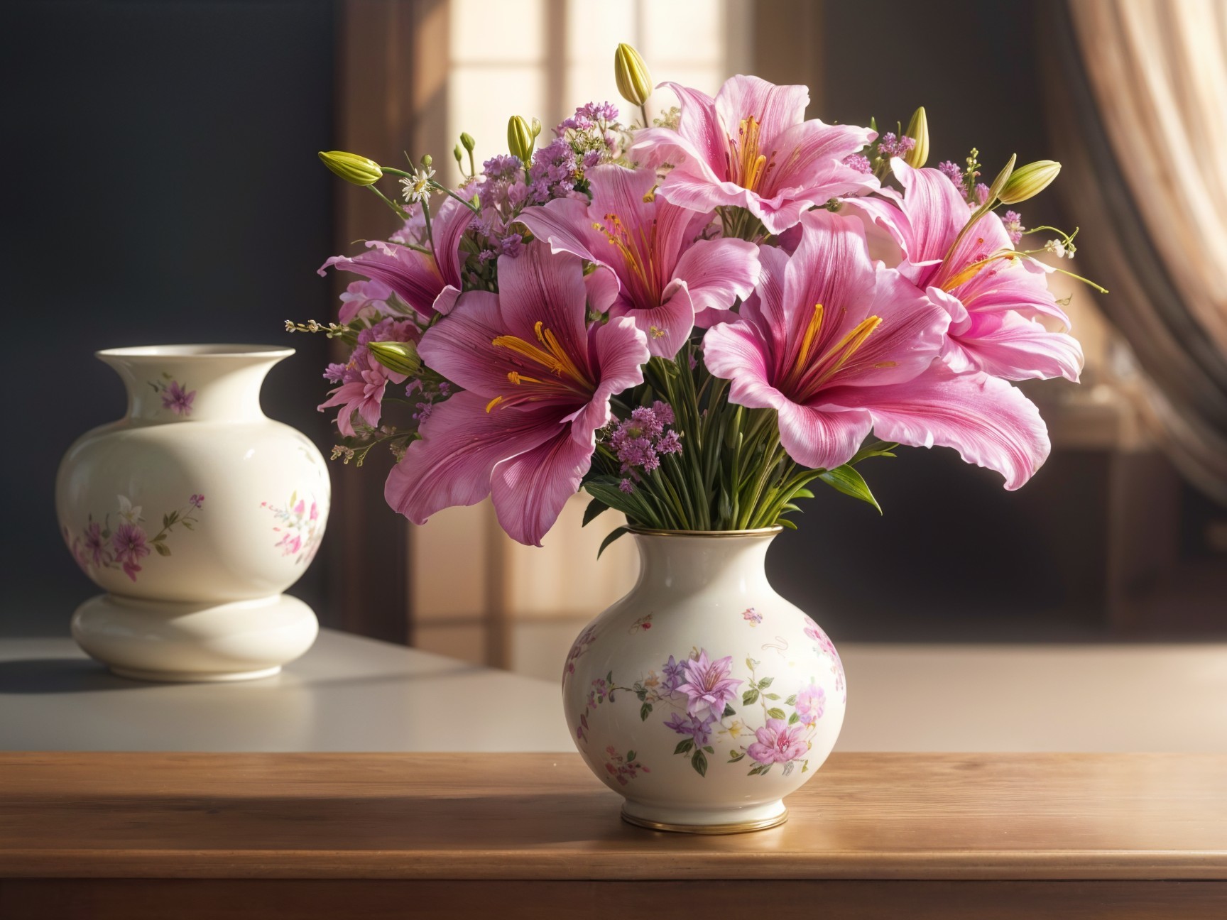 Elegant Pink Lilies in Floral-Patterned Vase