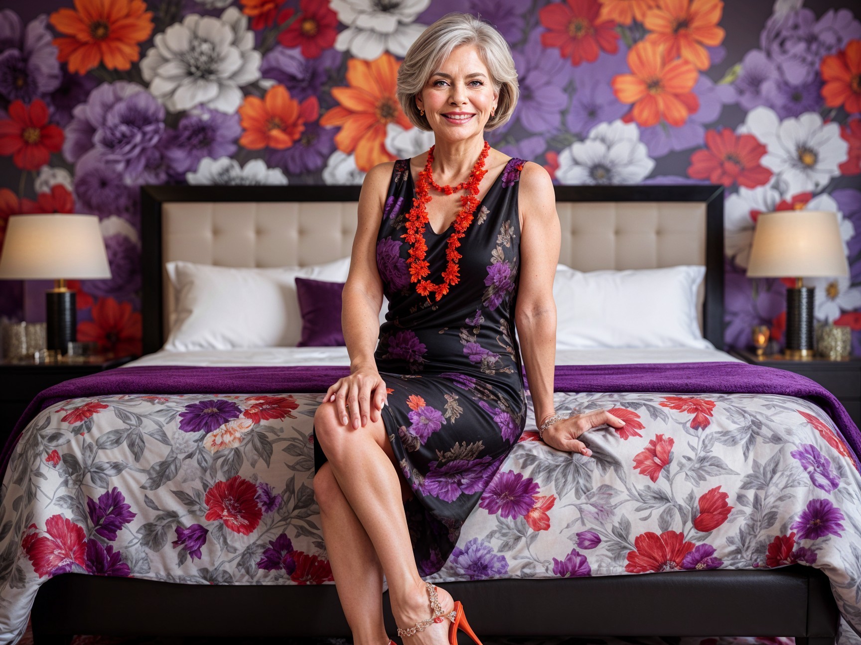 Elegant Woman in Floral Bedroom Setting