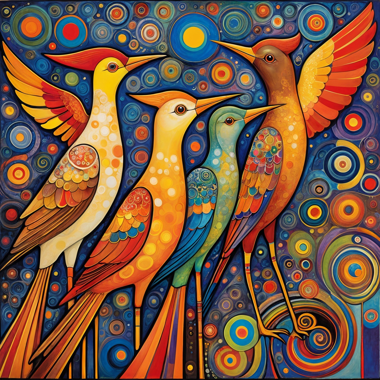 Vibrant Abstract Artwork of Five Stylized Birds