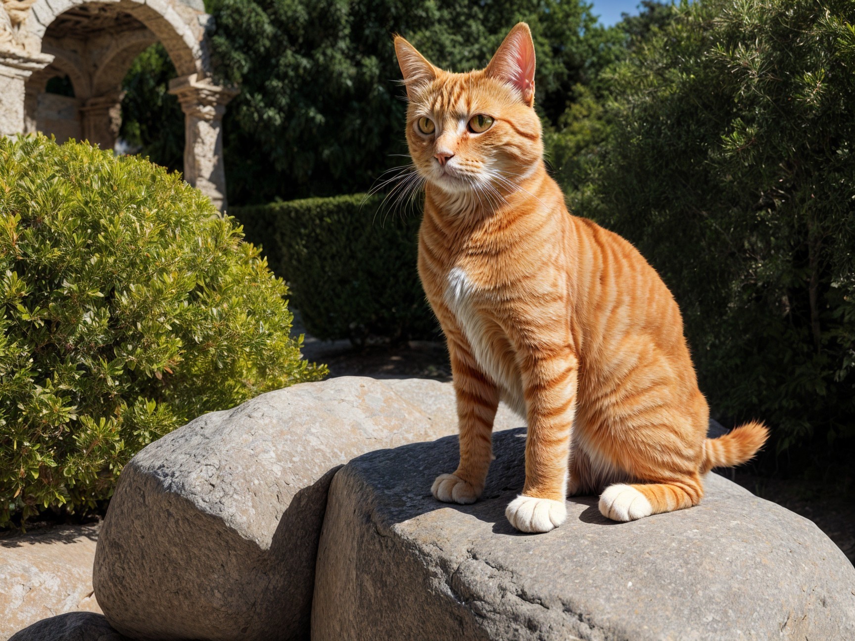 Orange Tabby Cat on Stone in Lush Garden Setting