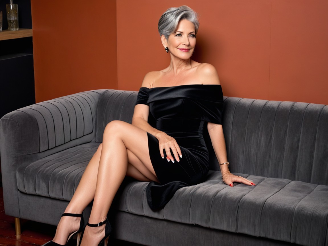 Elegant Woman in Off-the-Shoulder Black Dress on Sofa