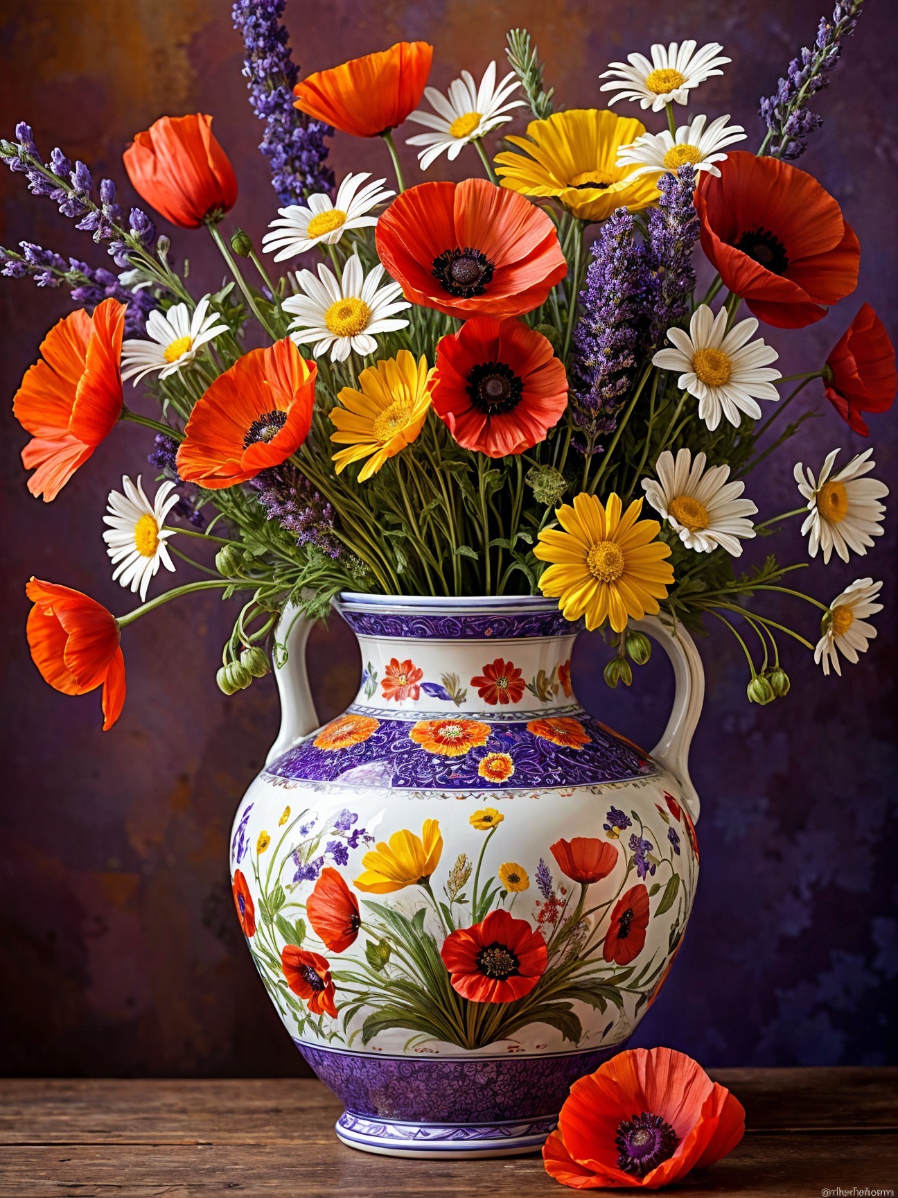 Vibrant Flower Arrangement in Decorative Ceramic Vase