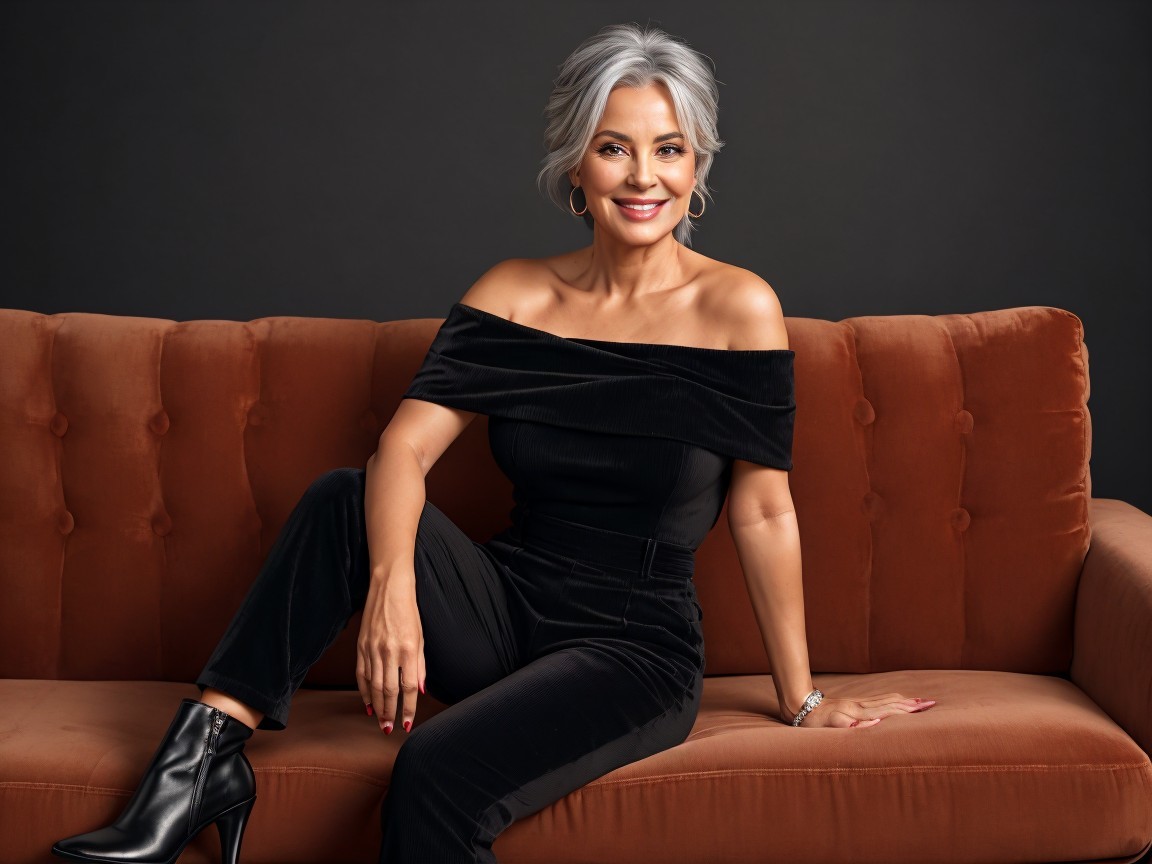 Elegant Woman with Silver Hair on Burnt Orange Sofa