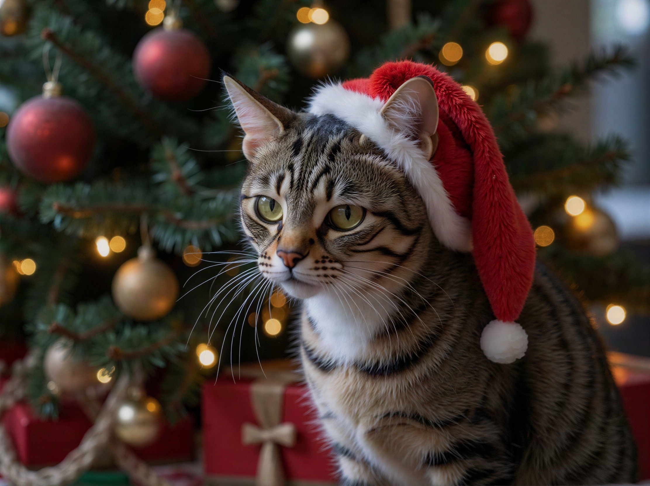 Tabby Cat in Santa Hat by Decorated Christmas Tree