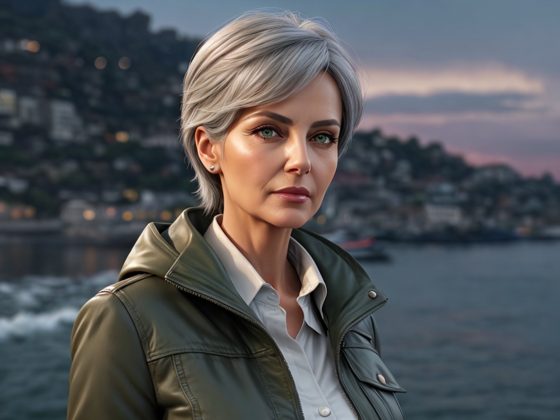Woman with Silver Hair by Water at Twilight
