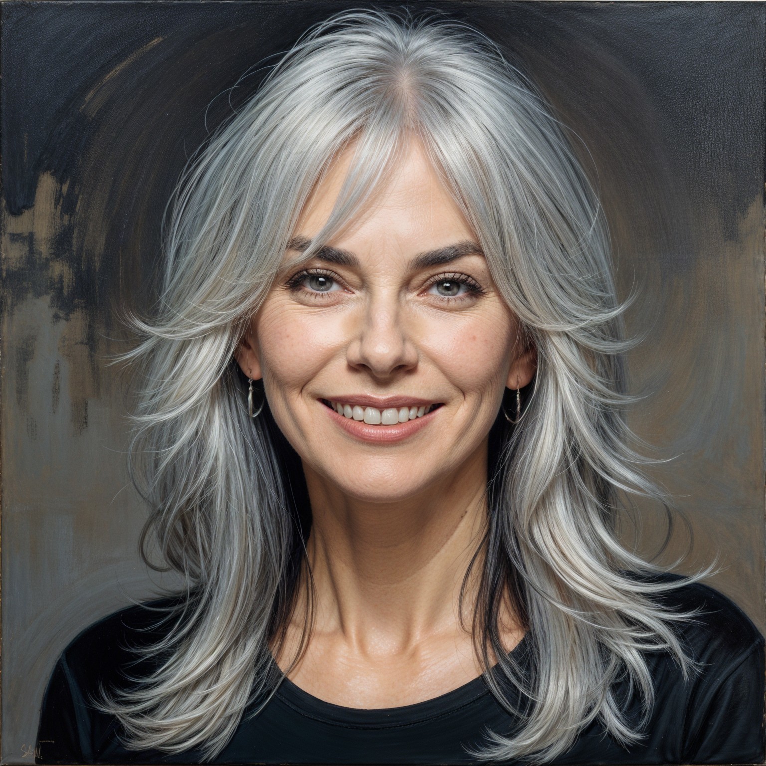 Smiling Woman with Silver Hair and Elegant Earrings