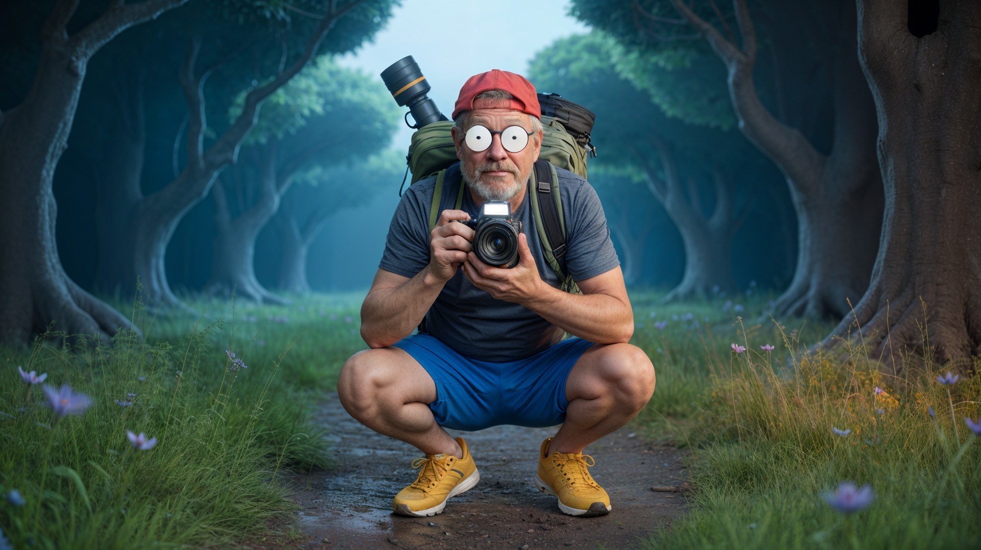 Middle-aged man with camera in vibrant forest path