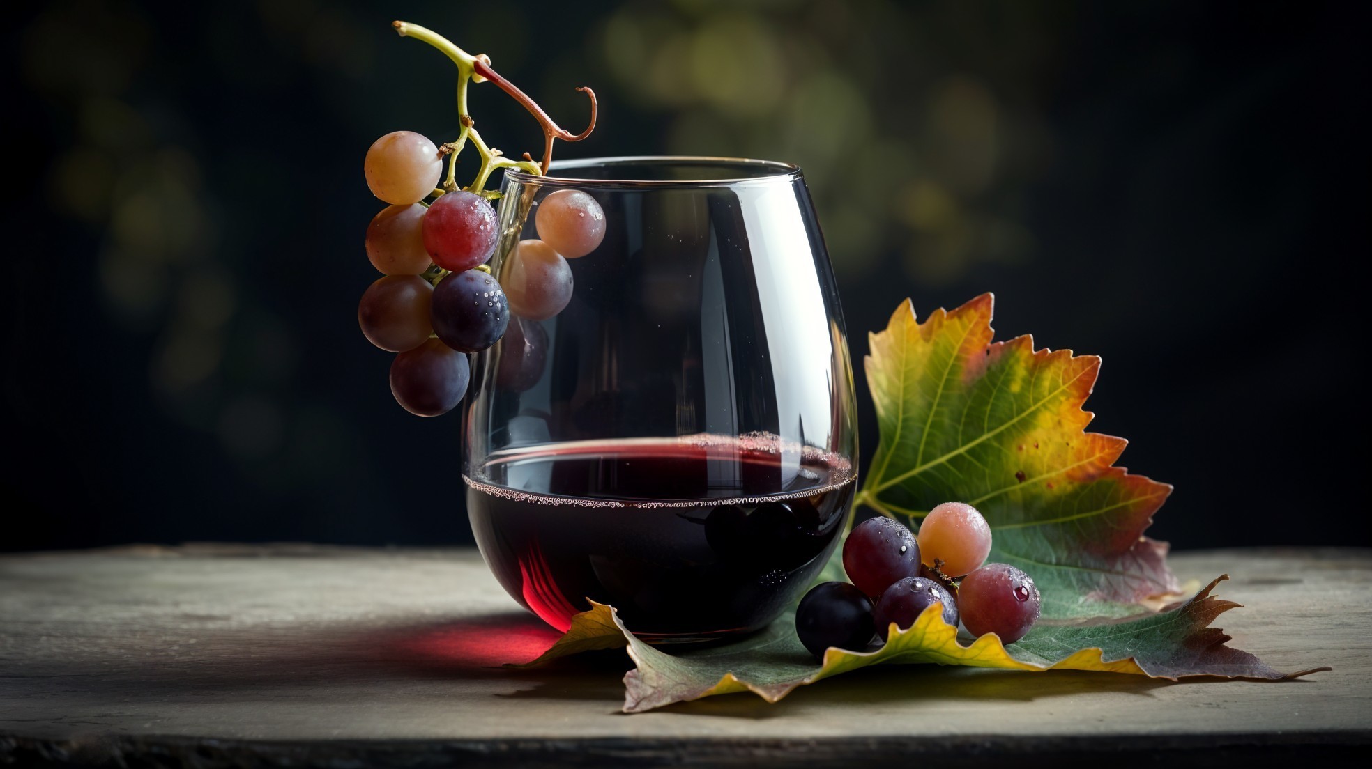 Elegant Red Wine and Grapes on Rustic Wood