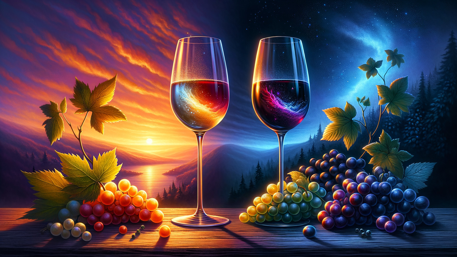 Elegant Wine Glasses with Colorful Reflections and Grapes