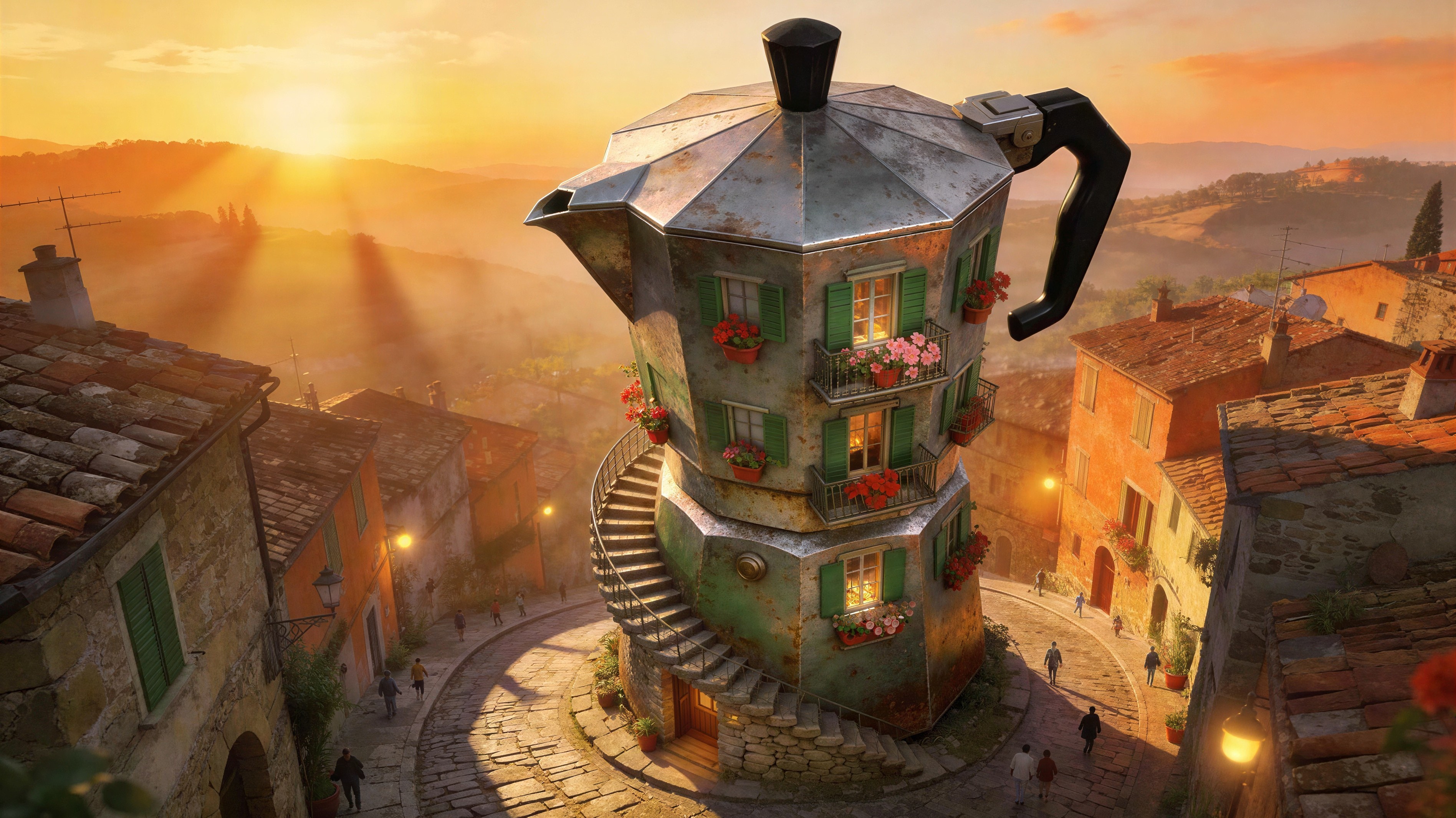 Digital Painting of a Vintage Moka Pot Town Building