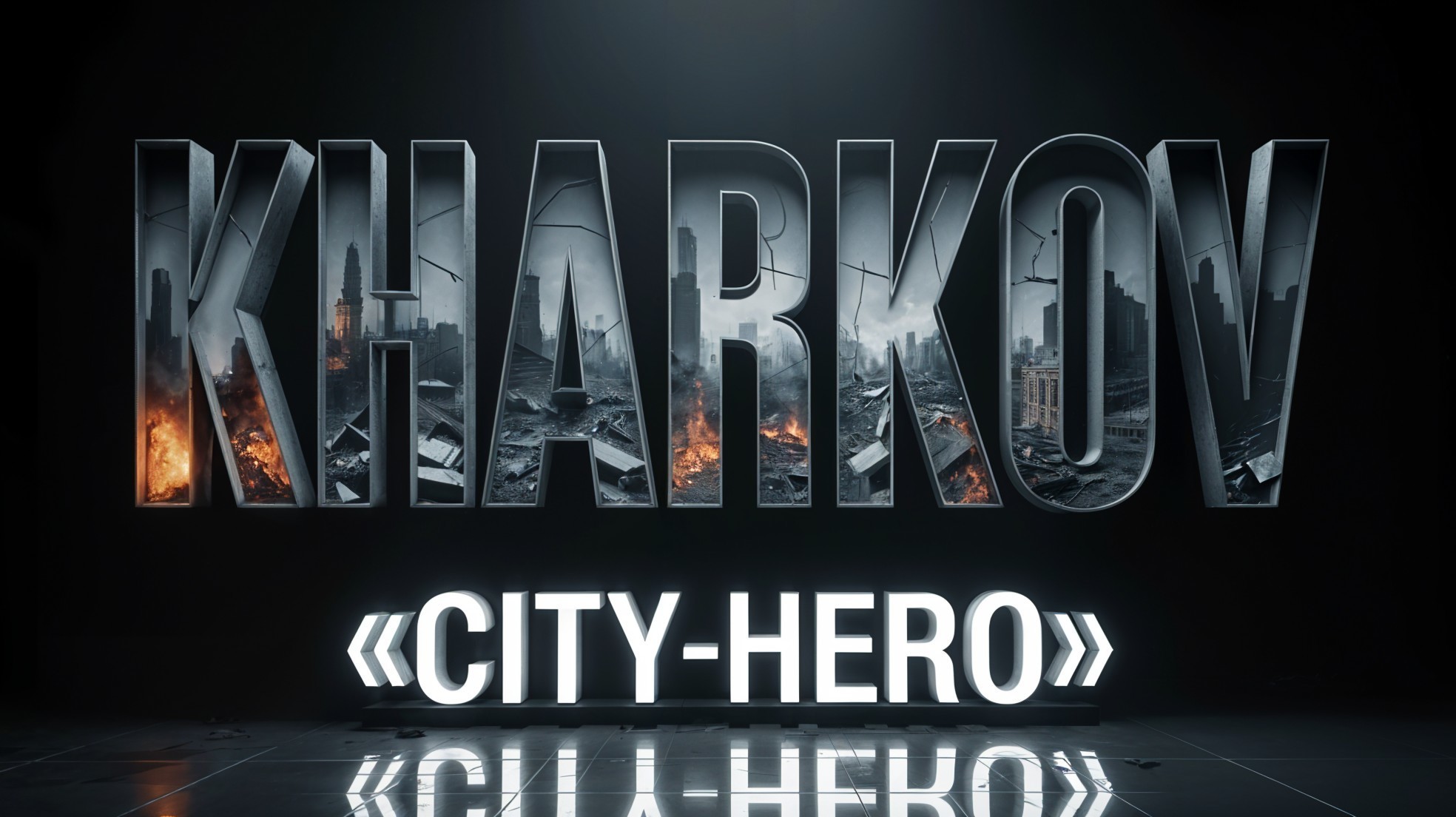 Bold 3D Text of "KHARKOV" with Urban Ruins