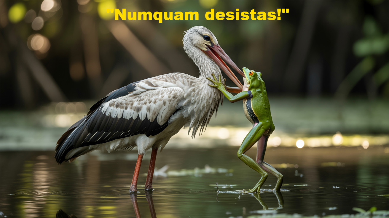 Stork and Frog Playfully Interact by Water's Edge