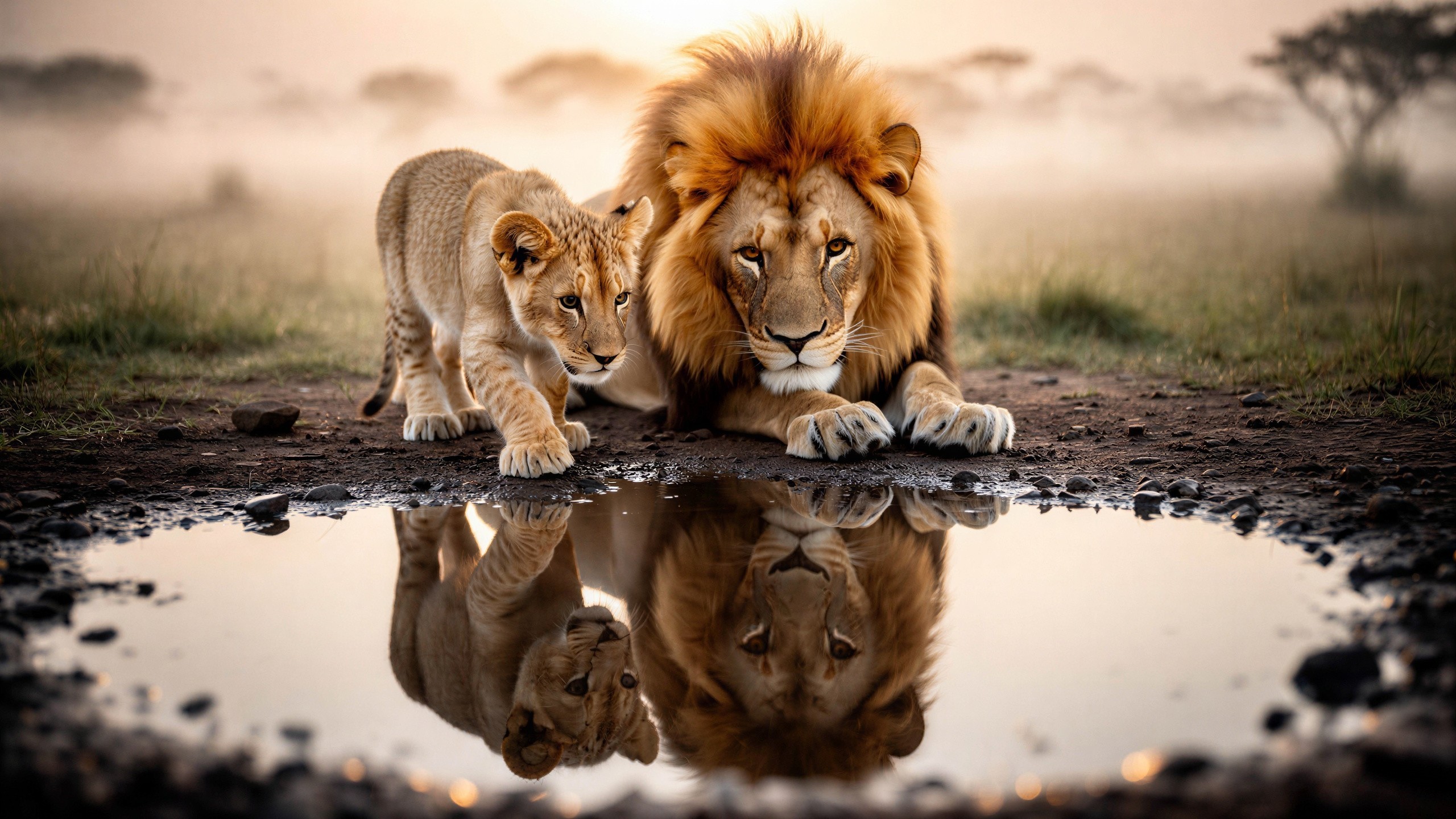 Majestic Lion and Playful Cub by Muddy Puddle