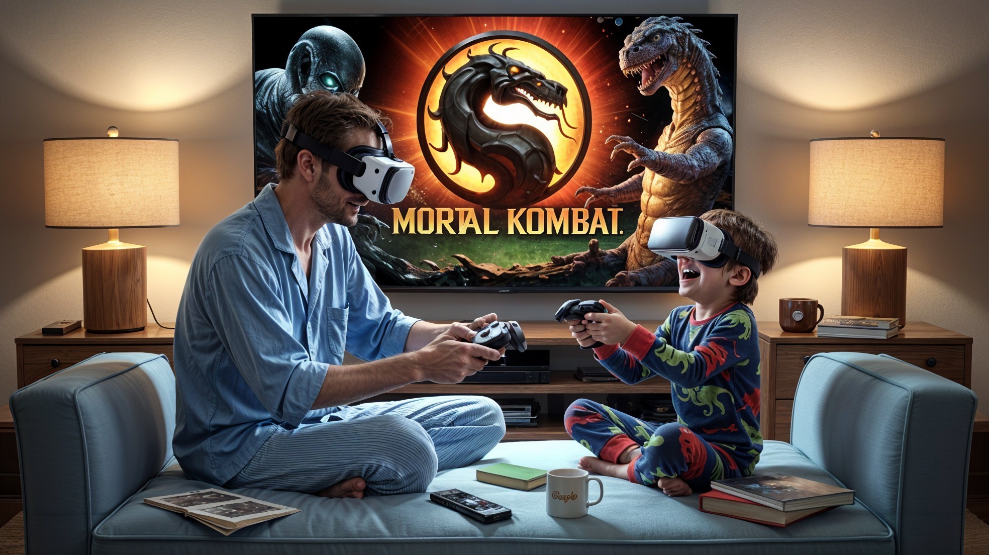 Father and son gaming on a couch with VR headsets
