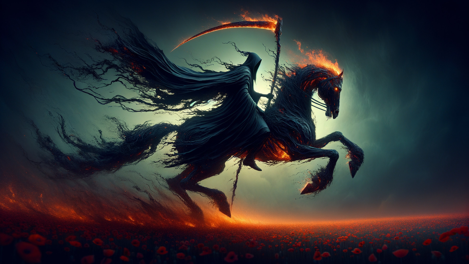 Dark Ethereal Figure on Flaming Horse in Smoky Landscape