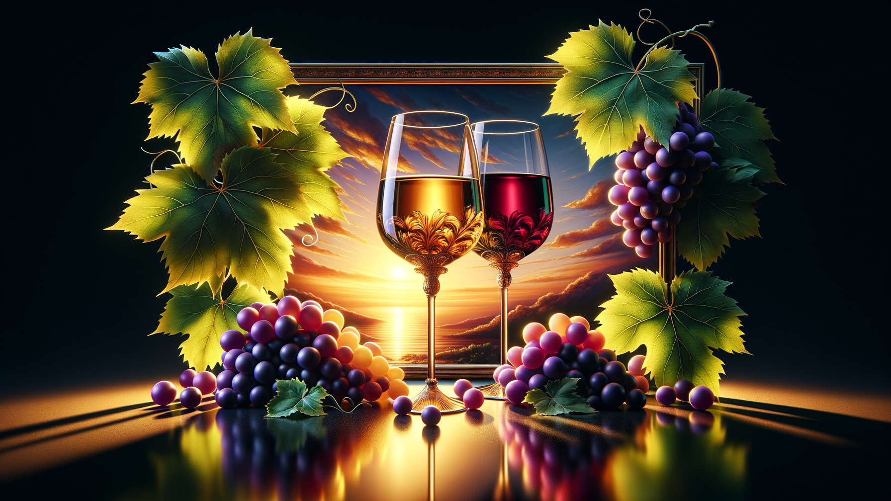 Elegant Wine Glasses with Sunset and Grape Vines