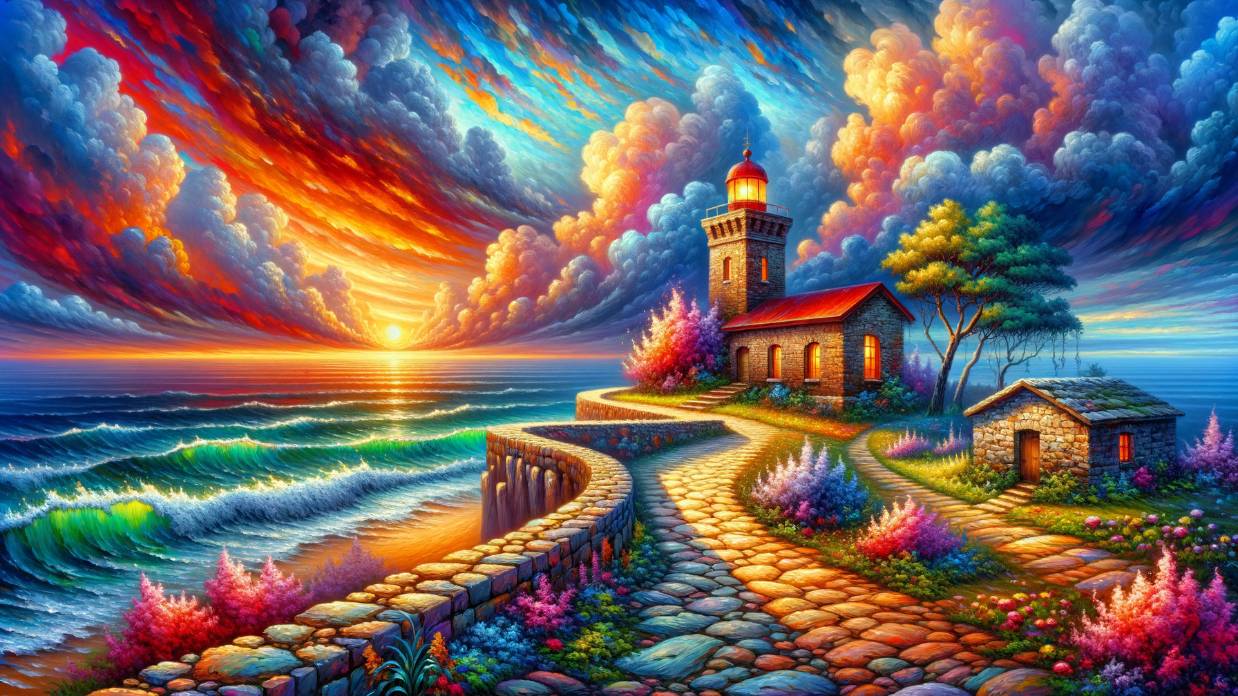 Vibrant Sunset Over Lighthouse and Coastal Landscape