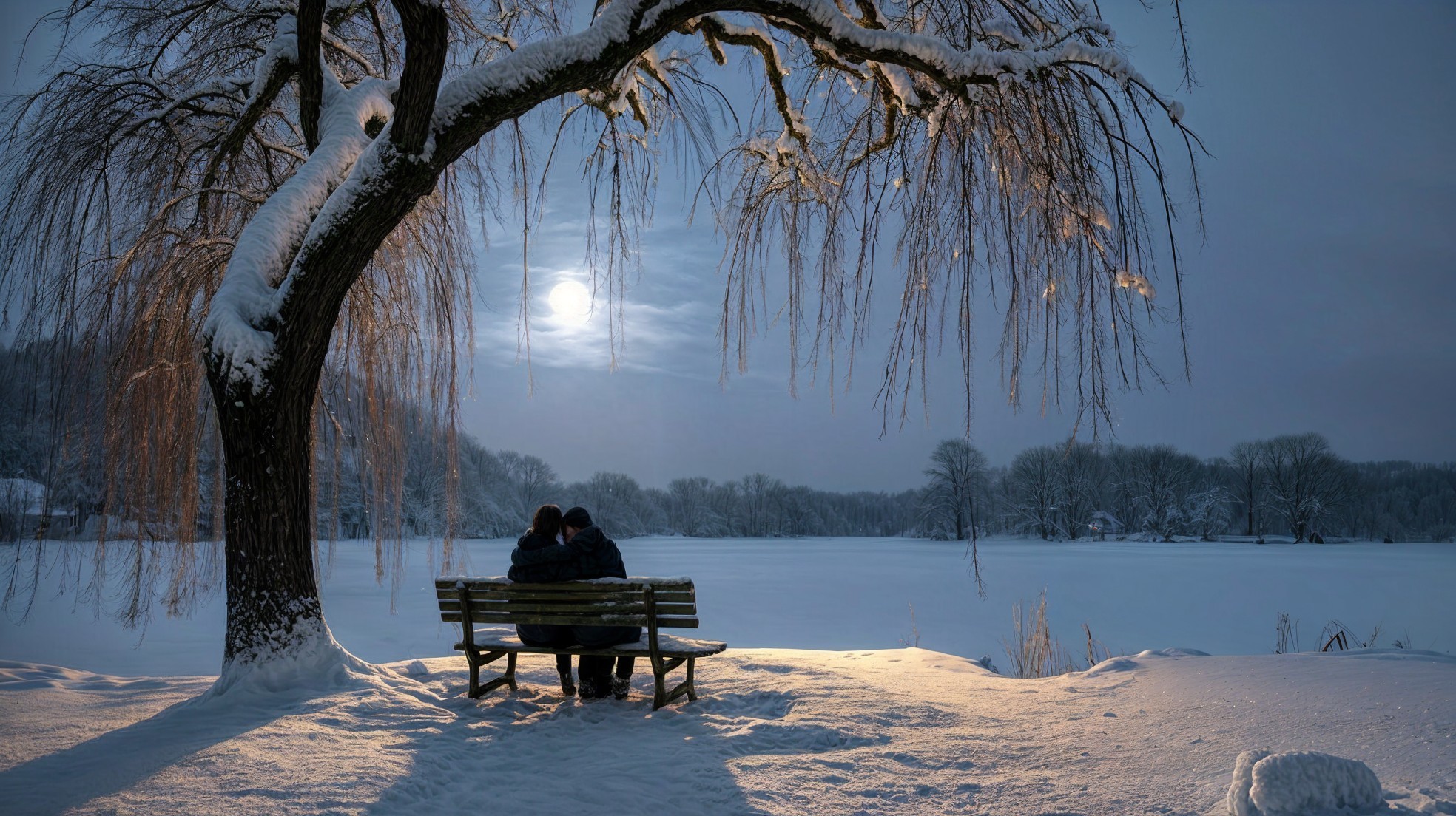 Winter Scene with Couple Beneath Snowy Willow Tree