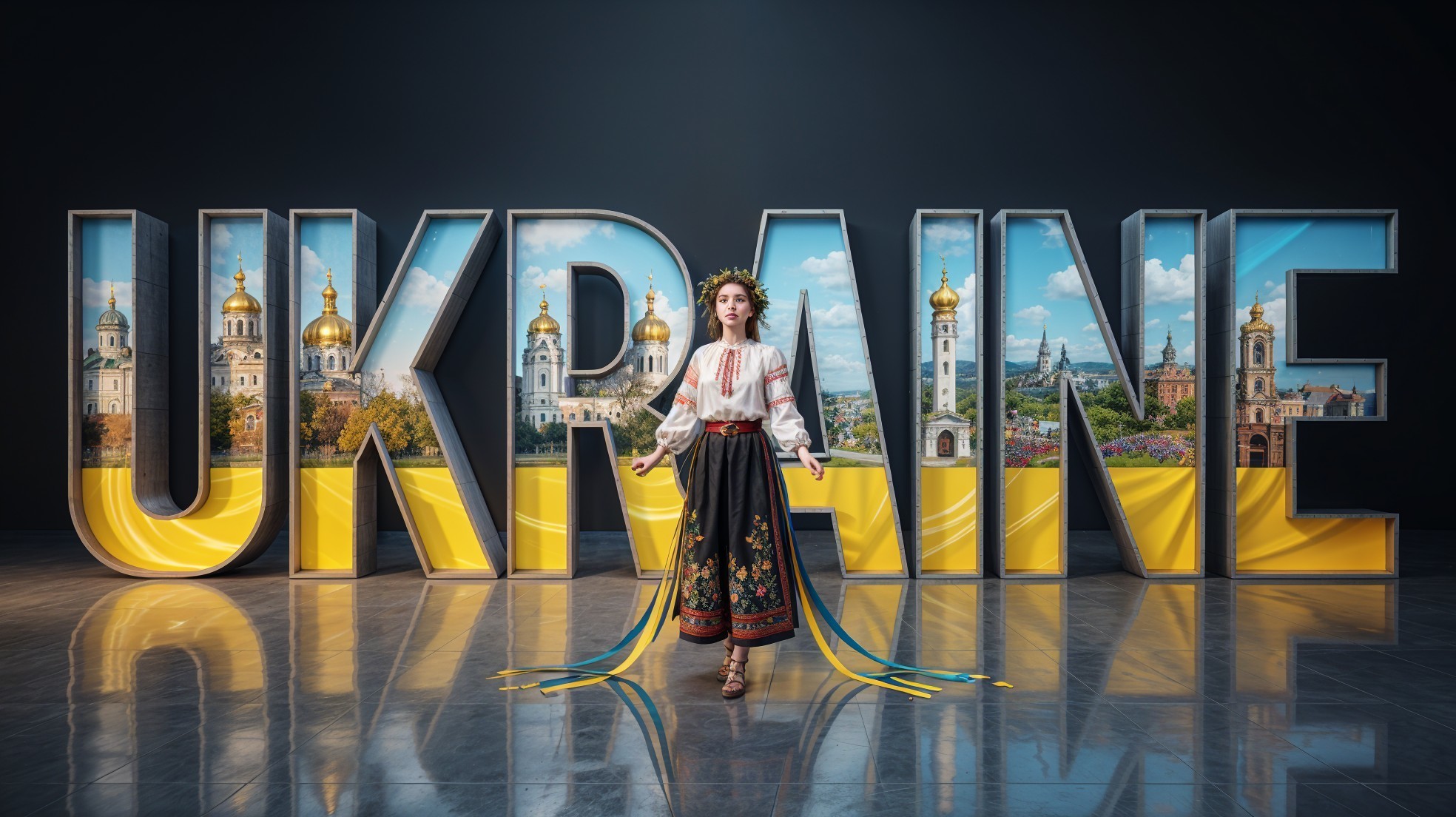 Traditional Ukrainian Attire with Bold Ukraine Display