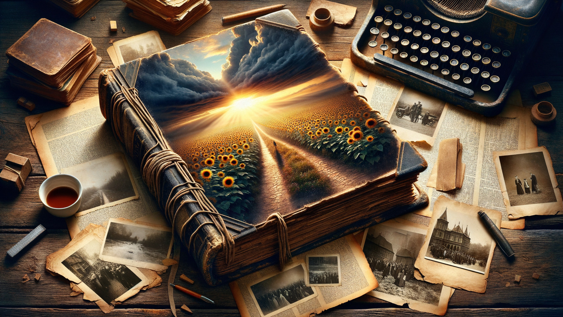 Open Book with Sunflower Path and Vintage Items