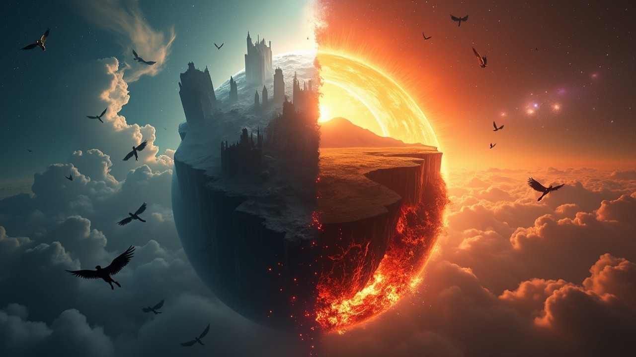 Surreal Landscape with Gothic Castle and Molten Terrain